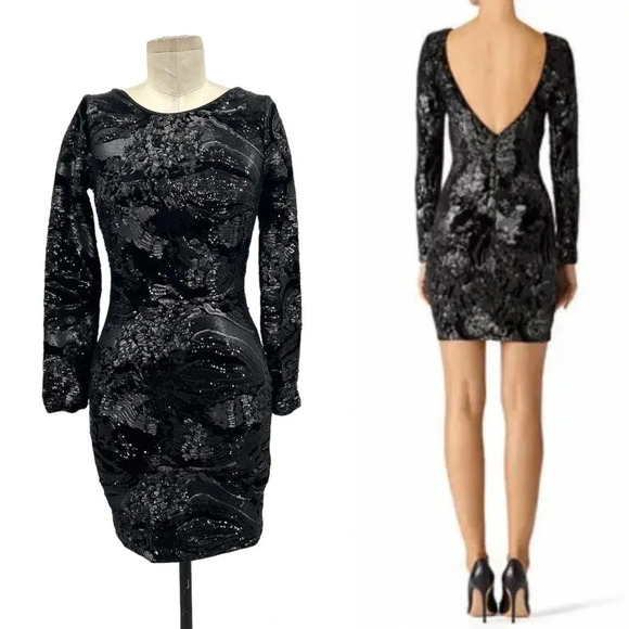 Dress the Population Lola Black Sequin Velvet Mini Bodycon Dress Size Small
